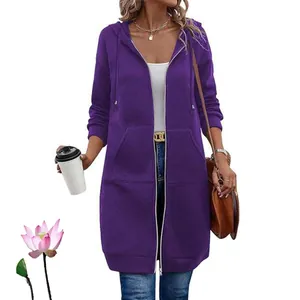 Purple women's mid-length zip-up hooded sweatshirt with drawstring detail.