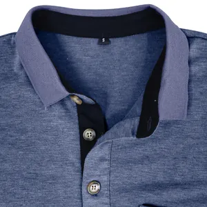 Close-up detail of moisture-wicking short-sleeve polo shirt collar with buttons in blue