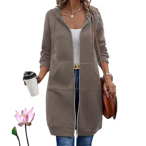Women's mid-length zip-up hooded sweatshirt in retro coffee color with functional drawstring