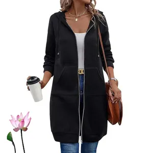 Women's long black zip-up hoodie jacket with drawstring and pockets for casual wear.