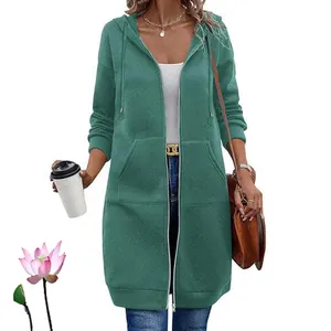 Women's long-line green hooded zip-up jacket with a casual vintage style and functional pockets