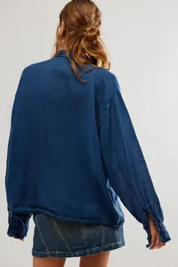 Back view of a navy blue long-sleeve linen-cotton blend shirt for women with lace