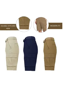 Detail view showing breathable quick-dry cargo shorts in three colors with belt