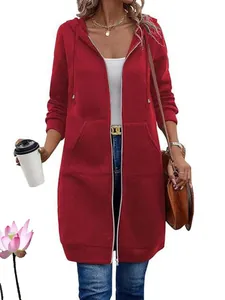 Casual women's long red zip-up hoodie featuring a drawstring hood and mid-length fit