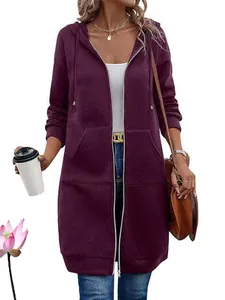 Women's casual mid-length zip-up hoodie jacket with drawstring in dark purple.