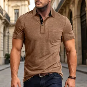 Stylish men's brown short sleeve polo shirt featuring a chest pocket and contrast collar