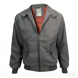 Blouson aviateur gris rétro pour hommes avec doublure à carreaux écossais rouges