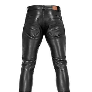 High quality detailed back view of men's slim fit black leather punk style trousers