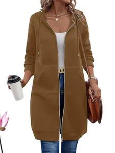 Stylish women's casual mid-length hooded zip-up sweatshirt jacket in brown color