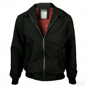Blouson aviateur noir classique avec doublure vintage en tartan rouge et bords-côtes.