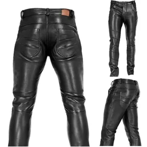 Detailed views of black punk style slim-fit men's leather pants from multiple angles