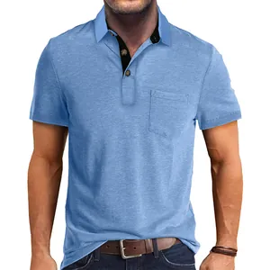 Men's light blue moisture-wicking short-sleeve polo shirt with front chest pocket.