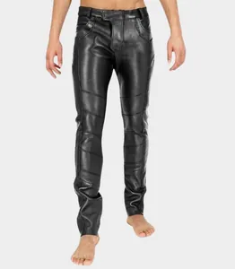 Detail view of slim fit men's black leather punk pants featuring stylish ribbed knee stitching