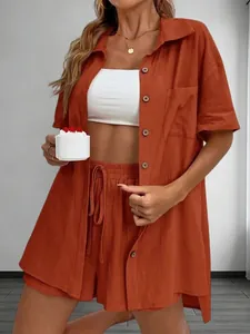 Women's 2-piece burnt orange casual set with short sleeve shirt and matching shorts