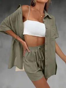 Detailed view of women's olive green linen-texture two-piece set with shorts