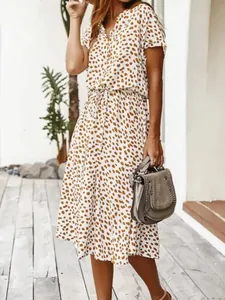 Vestido midi de verano con estampado de leopardo, escote en V y cordón para resort de playa
