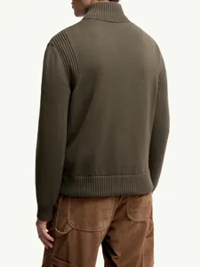 Detail of men's olive green knitted bomber jacket with ribbed stand collar and back view.