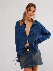 Western style long sleeve linen blend shirt with ruffled trim detail for women