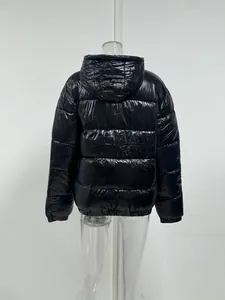 Detailed back view of a stylish glossy black hooded puffer jacket with quilted design