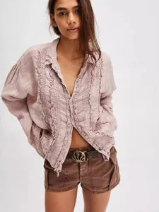 Elegant dusty rose long sleeve linen shirt for women featuring delicate ruffle trim details
