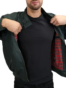 Blouson bomber vintage homme vert foncé avec doublure écossaise rouge et col montant