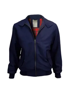 Veste aviateur bleu marine vintage avec doublure écossaise rouge et col montant pour homme.