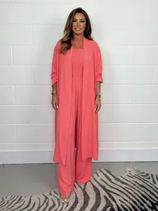 Women's coral 2-piece set with elegant wide-leg jumpsuit and matching long cardigan