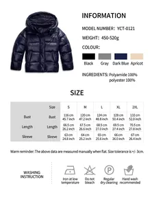 Comprehensive size guide and care instructions for men's hooded winter puffer jacket.