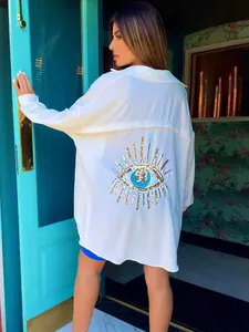 Camicia Casual da Donna in Cotone Con Ricamo Malocchio in Paillettes Oversize a Manica Lunga per Vacanza Mare