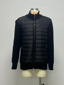 Detailansicht einer gesteppten Herren-Hybridjacke mit Strickärmeln und hohem Stehkragen