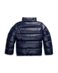 Back view of a shiny navy blue quilted puffer jacket for men in winter