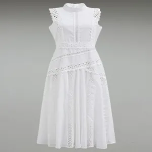Elegant French style sleeveless white lace hollow-out midi dress with a slim waist