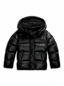 Glossy black hooded puffer jacket for men in American casual style for winter.