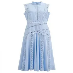 Elegant light blue sleeveless midi dress with French lace hollow-out design and cinched waist