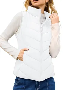 Classic women's white stand collar quilted puffer vest with zipper and pockets