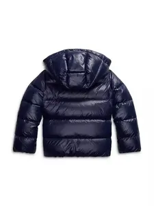 Back view of navy blue glossy hooded puffer jacket for men's casual winter wear