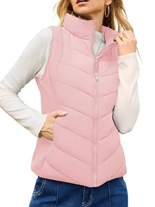 Women's pink stand collar puffer vest with zipper and V-quilted pattern for winter