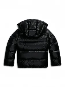 Stylish men's black shiny hooded puffer jacket, warm winter outerwear, casual back view