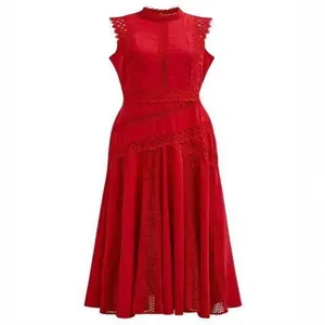 French style sleeveless red midi dress with lace hollow-out details and high neck