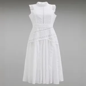 Elegant white sleeveless lace hollow-out midi dress with a French-style waist design.