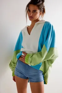 Relaxte fleece pullover in Amerikaanse color-block stijl voor dames in blauw en groen