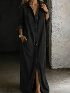 Elegant black denim maxi shirt dress with long sleeves and front buttons for women