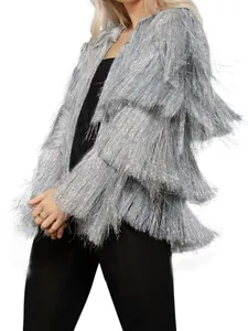 Giacca glamour con frange metalliche argento da donna, ideale per feste e festival