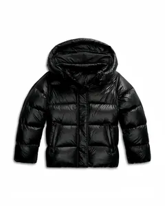 Men's glossy black hooded puffer jacket, stylish winter casual warm padded coat