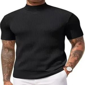Herren Premium Strickpullover mit kurzem Arm und Stehkragen in Schwarz für Business Casual