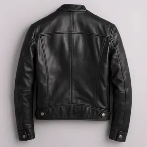 Back view detail of a premium black leather biker jacket with precision stitching