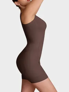 Side view showing the seamless compression fabric of a brown shapewear bodysuit.