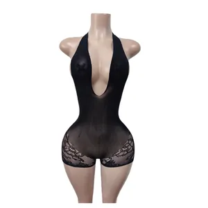 Body sexy in pizzo nero con scollo all'americana e tessuto a rete scollo a V profondo