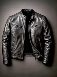 Men's slim fit black biker leather jacket featuring premium metal zippers and stand collar.