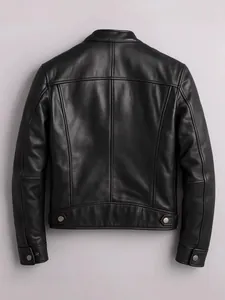Back view of a premium black slim fit motorcycle leather jacket for men in winter